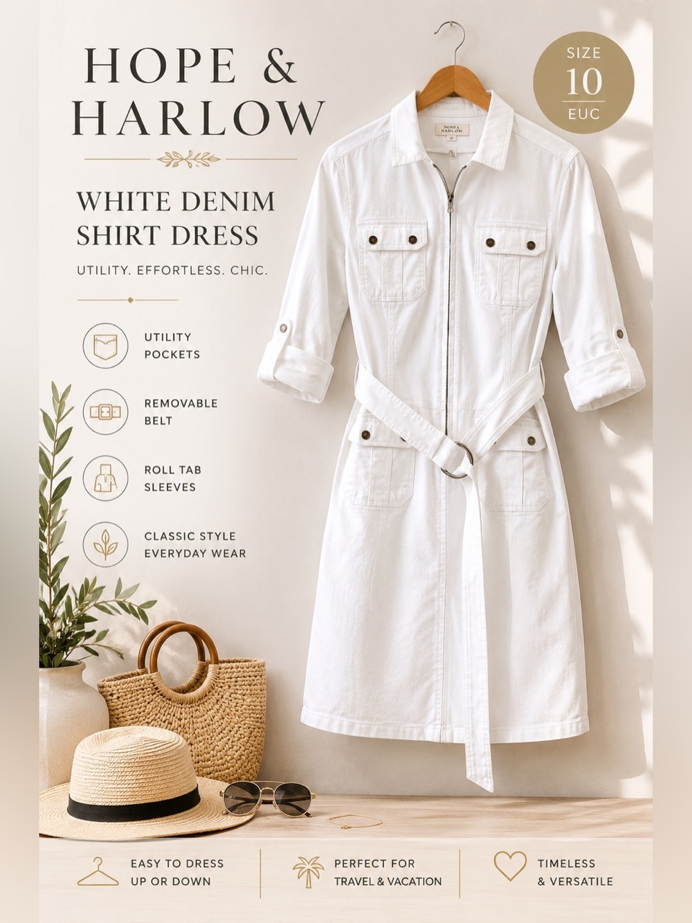 Hope & Harlow White Denim Utility Shirt Dress Belted Size 10